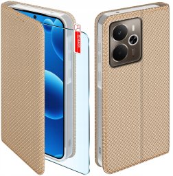 krainaGSM Etui z klapką do Realme 14 5G Zamykane Złote Futerał + Szkło 9H
