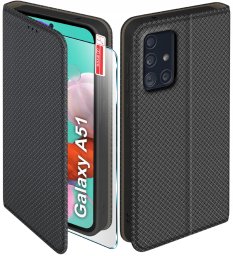 Etui z klapką do Samsung A51 Zamykane Czarne Futerał + Szkło 9H