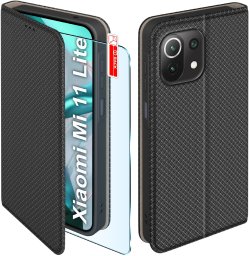 krainaGSM Etui z klapką do Xiaomi Mi 11 Lite 4G| 5G Zamykane Czarne Futerał +Szkło 9H