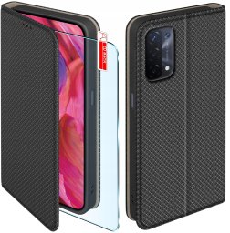 krainaGSM Etui z klapką do Oppo A54 5G | A74 5G Zamykane Czarne Futerał + Szkło 9H
