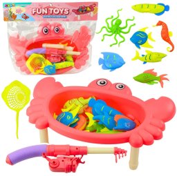 LeanToys Zestaw Do Łowienia Rybek Stolik Krab 10 Rybek Wędka Sitko Różowy LEAN Toys