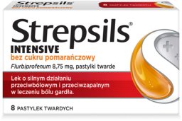 STREPSILS_Intensive pastylki do ssania bez cukru o silnym działaniu przeciwbólowym i przeciwzapalnym w leczniu bólu gardła suplement diety Pomarańcza 8 szt.