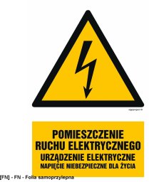 HA028 - Pomieszczenie ruchu elektrycznego urządzenie elektryczne napięcie niebezpieczne dla życia 75x113