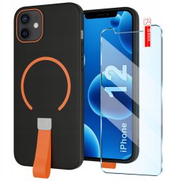 krainaGSM Etui z Paskiem na palec Matowe CZARNE do iPhone 12 |do MagSafe +Szkło
