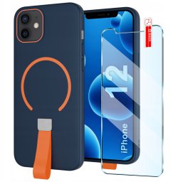 krainaGSM Etui z Paskiem na palec Matowe GRANATOWE do iPhone 12 |do MagSafe +Szkło