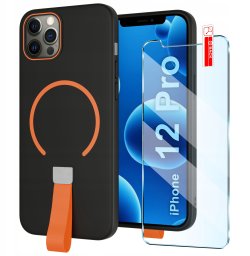 krainaGSM Etui z Paskiem na palec Matowe CZARNE do iPhone 12 Pro |do MagSafe +Szkło