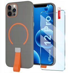 krainaGSM Etui z Paskiem na palec Matowe SZARE do iPhone 12 Pro |do MagSafe +Szkło