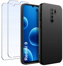 ZESTAW Etui do Xiaomi Redmi 9 | Matowe Czarne Silikon Slim + 2 SZTUKI SZKŁO