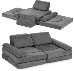 Sofa składana modułowa dla dzieci duża 2-osobowa DIY 10 miękkich poduch tkanina szenilowa - szara ECOTOYS