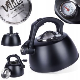 Czajnik na Gaz Indukcja z Gwizdkiem Termometrem Stalowy Czarny VILDE 3 l