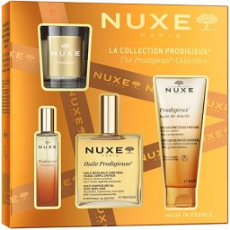 NUXE_SET The Prodigieux Collection Huile Prodigieuse suchy olejek do pielęgnacji twarzy, ciała i włosów 100ml +  Prodigieux EDP spray 15ml + Prodigieux olejek pod prysznic 100ml + Prodigieux świeca zapachowa 70g
