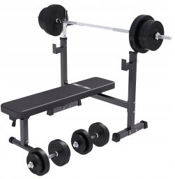 Ławka szeroka pod sztangę 3w1 zestaw bitumiczny 70 kg, sztanga i hantle