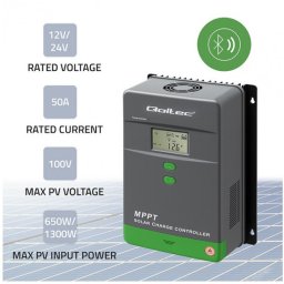 Qoltec Słoneczny regulator ładowania MPPT z czujnikiem temperatury 50A | 12V/24V | LCD | Bluetooth | APP | GEL | LiFePO4