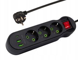 98-327# Przedłużacz sieciowy ps-340 3-gniazda 2xusb+usb-c 5m czarny 3x1mm