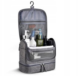 KOSMETYCZKA MĘSKA SZARA POJEMNA KOSMETYCZKA PODRÓŻNA WYJAZD DUŻA Z HAKIEM