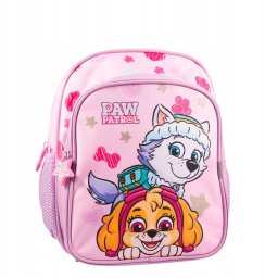 Euromic PAW PATROL GIRLS Small backpack w/2 zipped front pockets, 2 mesh side pockets, reflectors on straps, cushioned shoulder straps and chest strap, 300D polyester with glitter printed stars, H 26.5 cm, W 21 cm, D 10 cm. Volumen: 5 liter