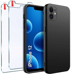 krainaGSM ZESTAW Etui do iPhone 12 | Matowy Czarny Silikon Slim + 2 sztuk Szkło
