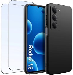 4kom.pl ZESTAW Etui do Xiaomi Redmi 15 4G|5G Matowy Czarny Silikon Slim 2 SZT SZKŁO