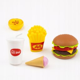 Zestaw kuchenny produkty spożywcze hamburger z lodami frytkami i napojem