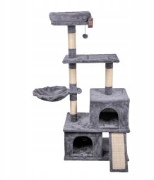 Drapak dla kota, szary, 135cm, z miejscem na legowisko, rampą i piłeczką