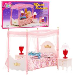 LeanToys Zestaw Meble Dla Lalek Łóżko z Baldachimem Szafki Nocne Lampki