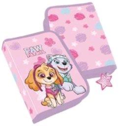 Paw Patrol Girls Filled single decker pencil case, 300D polyester with glitter printed stars,  20 x 12.8 x 3 cm. Contents: 8 triangular sharpened colour pencils, 1 triangular sharpened pencil, pencil sharpener, 15 cm ruler, 1 big eraser 13 x 4.5 x 1 cm. P