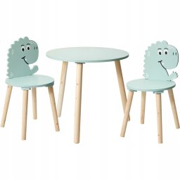 Drewniany stolik z 2 krzesełkami dla dzieci, motyw dinozaura, wys. 50 cm