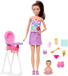Lalka Barbie Mattel Skipper: Klub opiekunek - zestaw z bobasem i krzesełkiem do karmienia (JJB44)