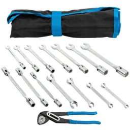Zestaw kluczy płasko-nasadowych, nasadowo przegubowych, oczkowych rozciętych 14el. (8-19mm) na płachcie + szczypce