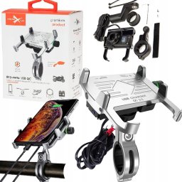 Uchwyt motocyklowy na telefon z szybką ładowarką USB - R10-metal - srebrny