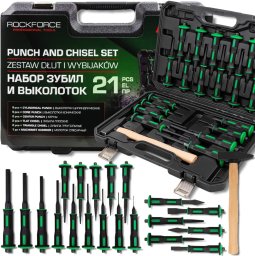 ROCKFORCE precyzyjny zestaw DŁUT i wybijaków 21 ELEMENTÓW ze STALI w WALIZCE