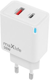 Maxlife ładowarka sieciowa GaN PD QC MXTC-09-30AC 1x USB-C 1x USB 30W biała