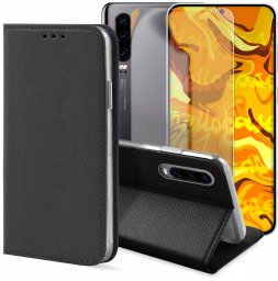 Etui z Klapką Do Huawei P30 (Czarne, Zamykane, Magnetyczne, Kabura) Szkło