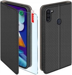 Etui z klapką do Samsung A11 Zamykane Czarne Futerał + Szkło 9H