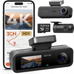 70mai Dash Cam 4K T800 3-kanałowy Przód Tył Wnętrze HDR GPS Karta 64GB