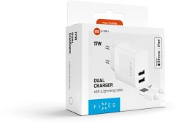 Ładowarka Fixed Zestaw ładowarki sieciowej FIXED z wyjściem 2xUSB i kablem USB/Lightning, 1 metr, MFI, 17W Smart Rapid Charge, biały