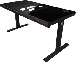 Dual-motor sit/stand adjustable-height gaming desk with built-in PC case, wireless charger, RGB lighting, control panel, and USB ports, tempered glass tabletop, black.