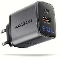 AXAGON ACU-PQ67D, ładowarka sieciowa GaN 67 W, wyjście USB-A + USB-C, PD3.0/PPS/QC4+/SFC2.0/Apple, wyświetlacz LCD