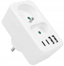 LTC Rozgałęźnik sieciowy: 1 gniazdo okrągłe z uz.+ 1 gniazdo płaskie + 2x USB + 2x USB-C, 3,1A, biały