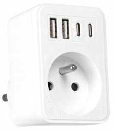 LTC Rozgałęźnik sieciowy: 1 gniazdo okrągłe z uz. + 2x USB + 2x USB-C, Biały 2x2,4A