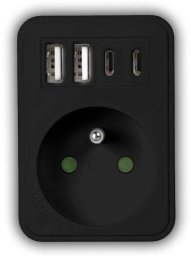LTC Rozgałęźnik sieciowy: 1 gniazdo okrągłe z uz. + 2x USB + 2x USB-C, Czarny 2x2,4A