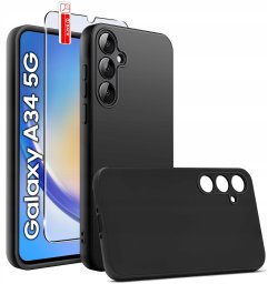 krainaGSM ZESTAW Etui do Samsung A34 5G | Matowe Czarne Silikon Slim +SZKŁO