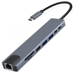 HUB USB Czytnik Hub USB typ - C 8 portów, RJ45, HDMI 4K, 2xUSB 3.0, kart SD,TF