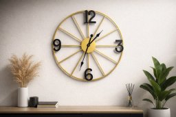 Ewax Zegar ścienny 60 cm METALOWY ZŁOTY Z CZARNYMI CYFRAMI