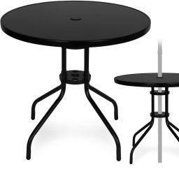 Goodhome Stolik ogrodowy okrągły 80 cm szkło hartowane otwór na parasol czarny MultiGarden EDUKAMP
