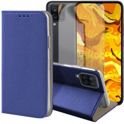 krainaGSM Etui z Klapką Do Samsung Galaxy A12 / M12 (Granatowe, Magnetyczne) Szkło