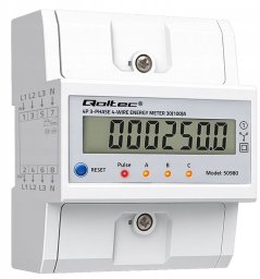 Qoltec Trójfazowy elektroniczny licznik z resetem | miernik zużycia energii na szynę DIN | 400V | 100A | LCD | LED | 4P