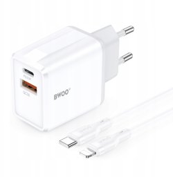Ładowarka TelForceOne BWOO ładowarka sieciowa CDA182 QC 38W 1x USB-A + 1x USB-C z kablem USB-C-Lightning 1 m biała