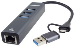 HUB USB PremiumCord Adapter USB-C na USB-A Gigabit 10/100/1000Mbps + 3x USB 3.2 złącze