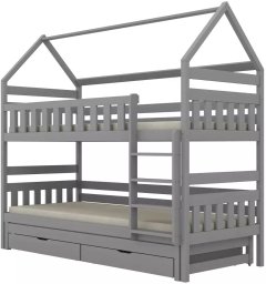 Kocot Kids Łóżko piętrowe domek FELIKS 180x90 szare drewniane trzyosobowe z szufladami KOCOT KIDS